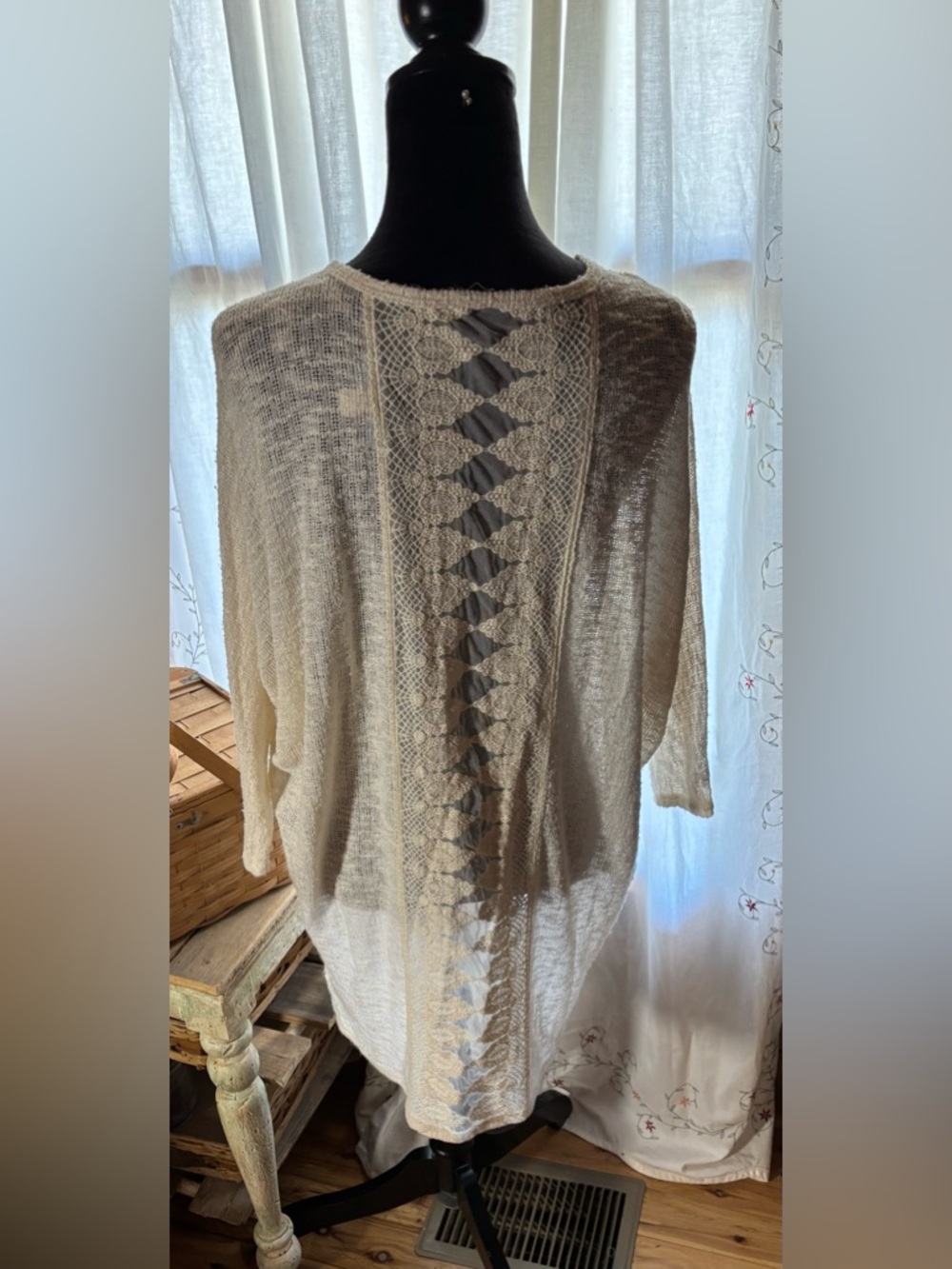 Boho Sheer Lace Back Knit Tunic Open Cardigan Cream Festival Cottagecore Sz S